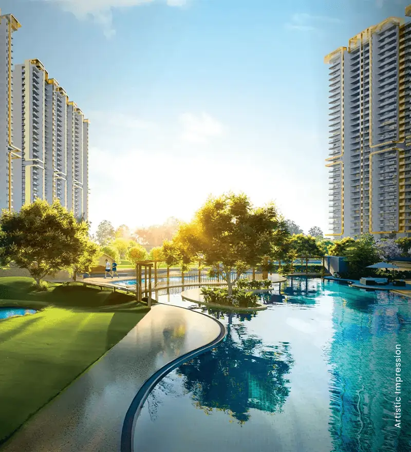 Lush biophilic central vistas and luxury swimming pool at M3M Mansion Sector 113 Gurgaon, featuring golf-inspired residential towers within the Smart City Delhi Airport ecosystem on Dwarka Expressway.