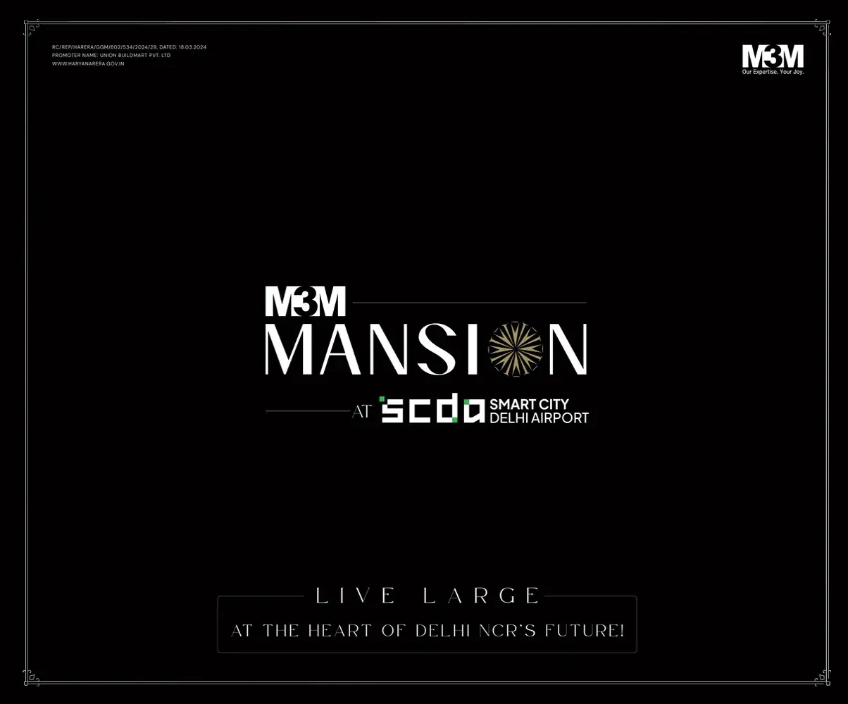 Official project brochure cover for M3M Mansion at Smart City Delhi Airport (SCDA), Sector 113 Gurgaon, providing detailed 3.5 & 4.5 BHK floor plans, ultra-luxury specifications, and connectivity highlights on Dwarka Expressway.